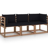 VidaXL Tuinbank 3-zits pallet met zwarte kussens grenenhout
