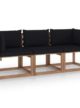 VidaXL Tuinbank 3-zits pallet met zwarte kussens grenenhout