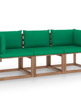 VidaXL Tuinbank 3-zits pallet met groene kussens grenenhout