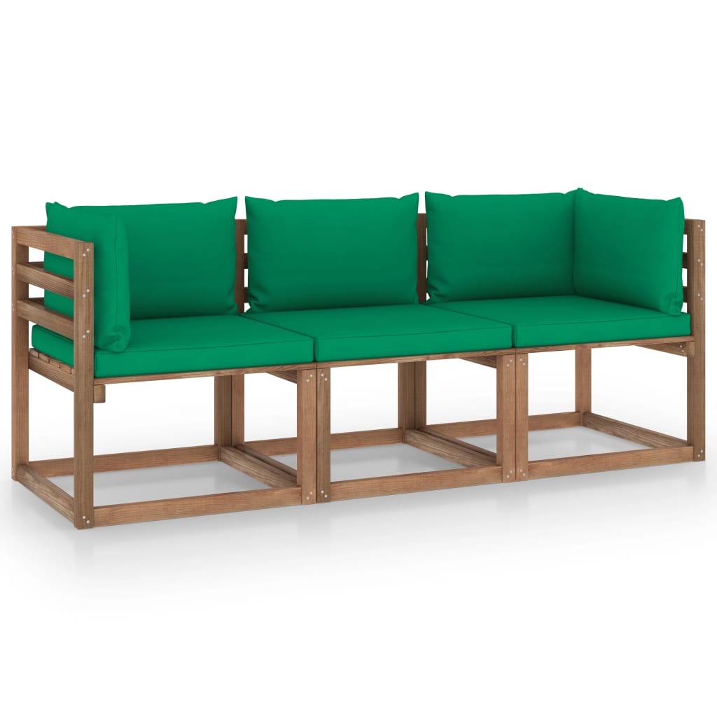 VidaXL Tuinbank 3-zits pallet met groene kussens grenenhout