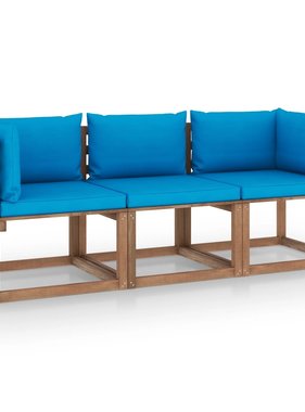 VidaXL Tuinbank 3-zits pallet met lichtblauwe kussens grenenhout