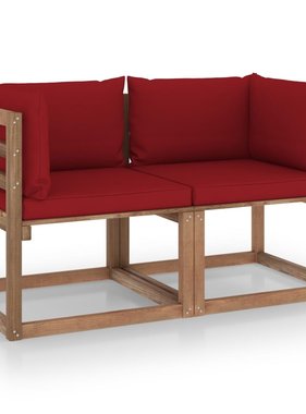 VidaXL Tuinbank 2-zits pallet met wijnrode kussens grenenhout