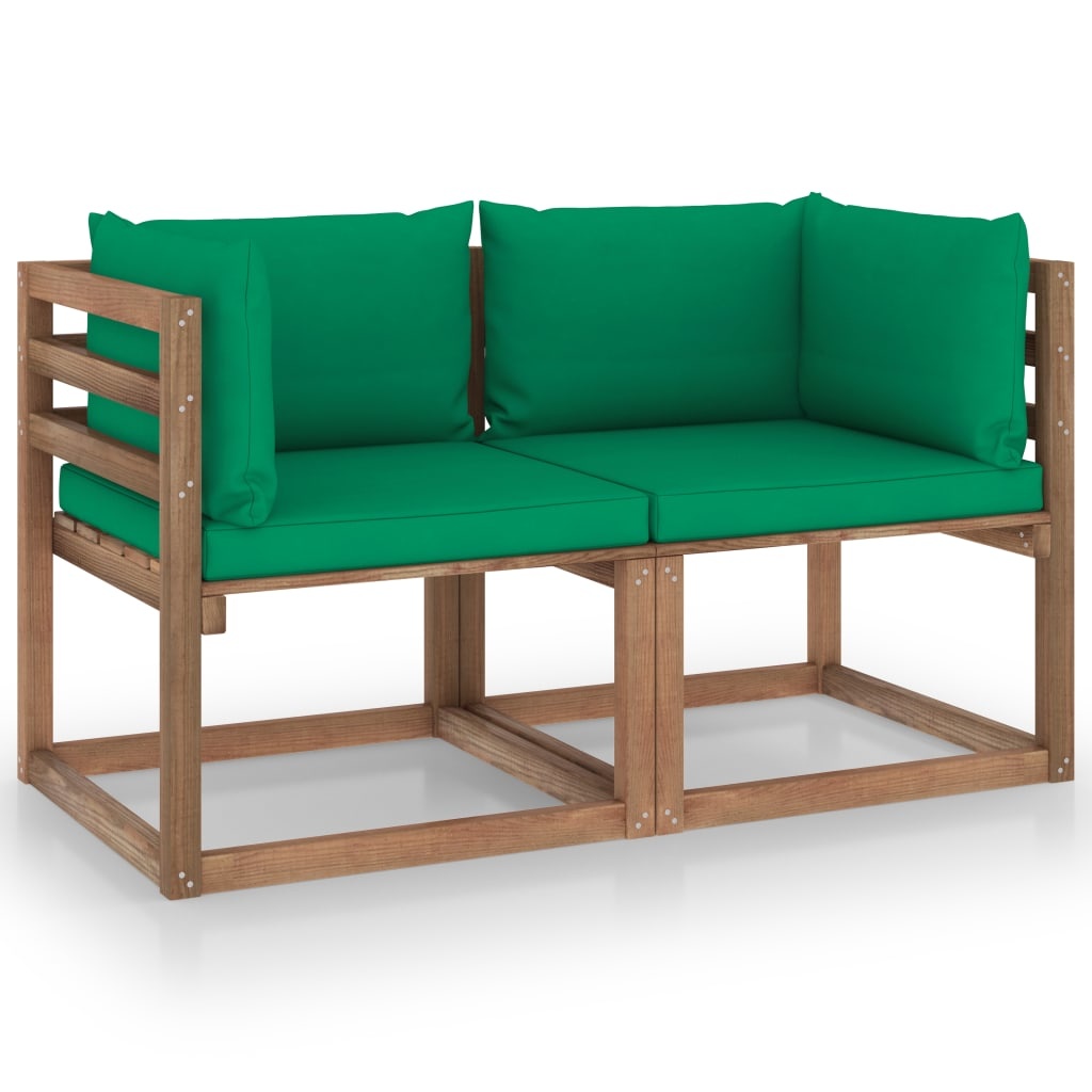 VidaXL Tuinbank 2-zits pallet met groene kussens grenenhout