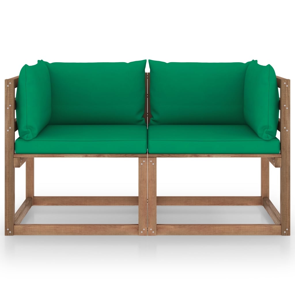VidaXL Tuinbank 2-zits pallet met groene kussens grenenhout