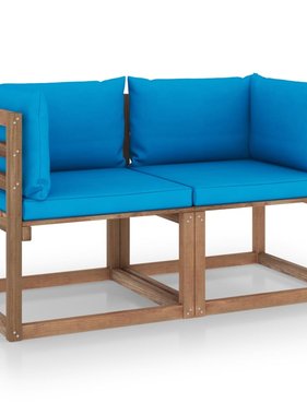 VidaXL Tuinbank 2-zits pallet met lichtblauwe kussens grenenhout