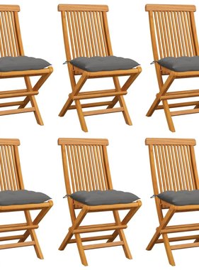 VidaXL Tuinstoelen 6 st met grijze kussens massief teakhout