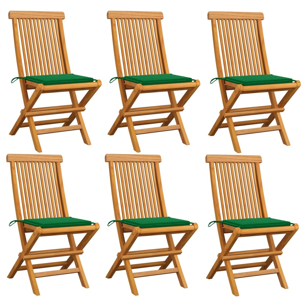 VidaXL Tuinstoelen met groene kussens 6 st massief teakhout