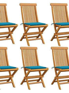 VidaXL Tuinstoelen met blauwe kussens 6 st massief teakhout