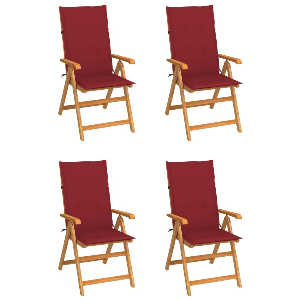 VidaXL Tuinstoelen 4 st met wijnrode kussens massief teakhout
