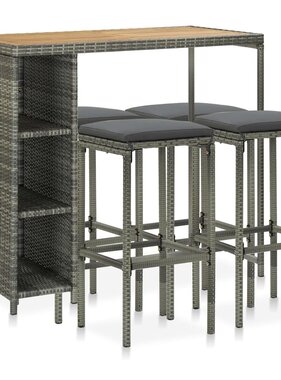 VidaXL 5-delige Tuinbarset met kussens poly rattan grijs