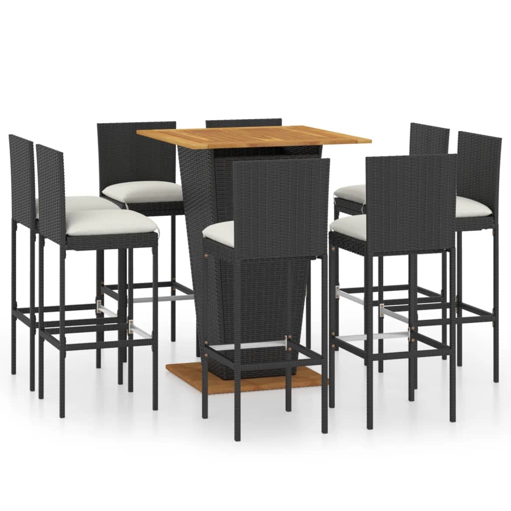 VidaXL 9-delige Tuinbarset met kussens poly rattan zwart