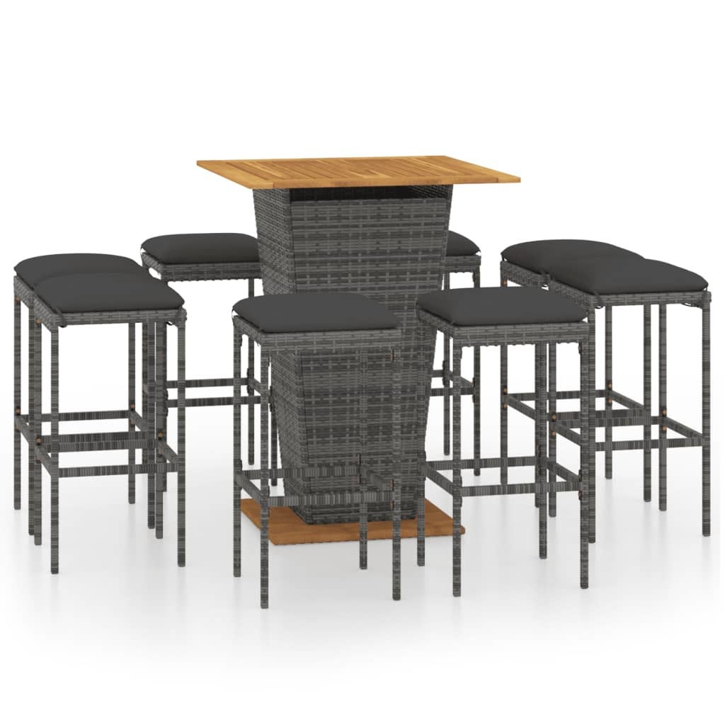 VidaXL 9-delige Tuinbarset met kussens poly rattan grijs