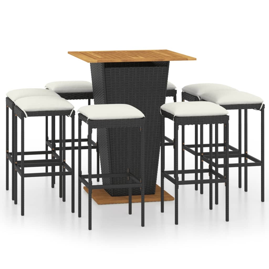 VidaXL 9-delige Tuinbarset met kussens poly rattan zwart