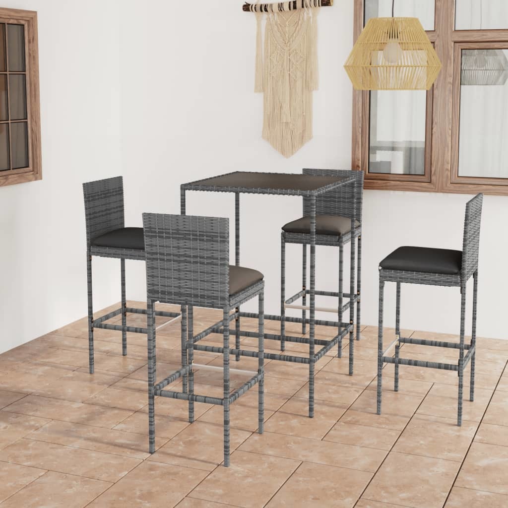 VidaXL 5-delige Tuinbarset met kussens poly rattan grijs