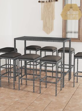 VidaXL 9-delige Tuinbarset met kussens poly rattan grijs