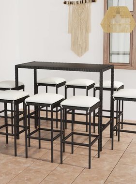 VidaXL 9-delige Tuinbarset met kussens poly rattan zwart