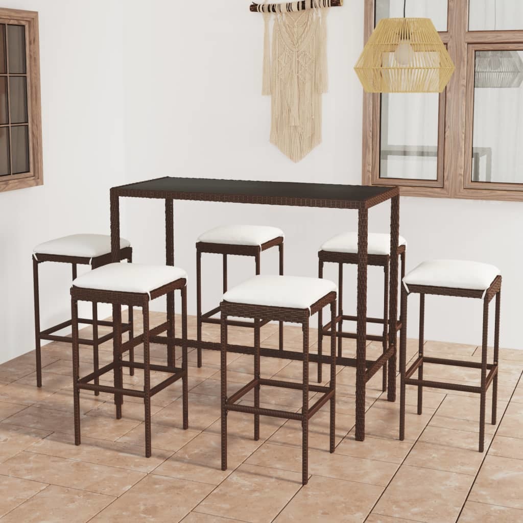 VidaXL 7-delige Tuinbarset met kussens poly rattan bruin