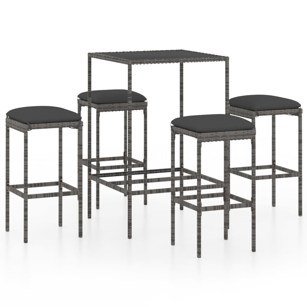 VidaXL 5-delige Tuinbarset met kussens poly rattan grijs