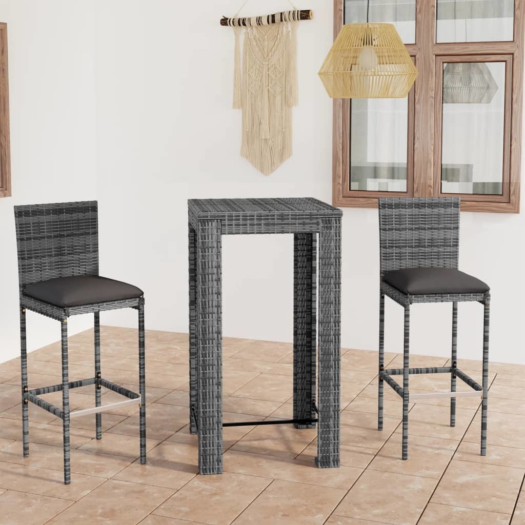 VidaXL 3-delige Tuinbarset met kussens poly rattan grijs