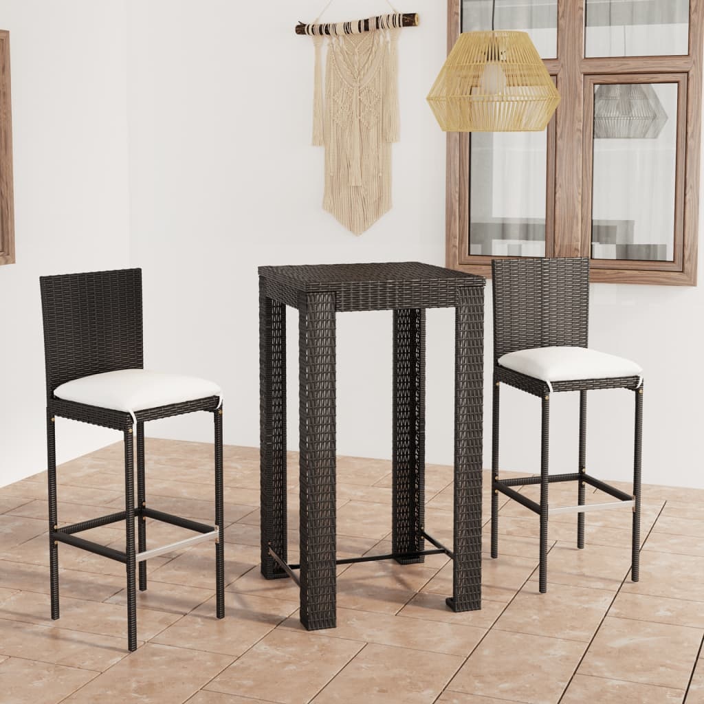 VidaXL 3-delige Tuinbarset met kussens poly rattan zwart