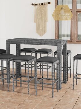 VidaXL 9-delige Tuinbarset met kussens poly rattan grijs