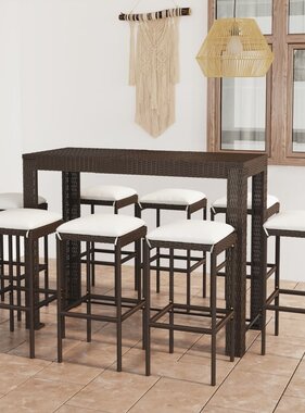 VidaXL 9-delige Tuinbarset met kussens poly rattan bruin