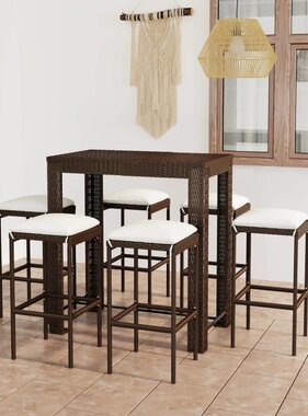 VidaXL 7-delige Tuinbarset met kussens poly rattan bruin
