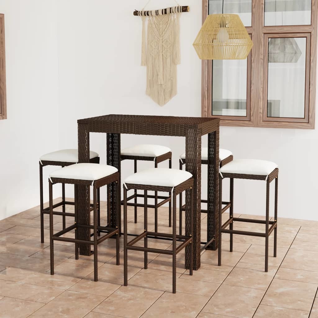 VidaXL 7-delige Tuinbarset met kussens poly rattan bruin