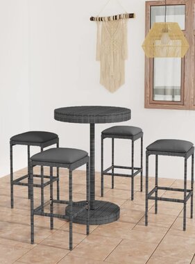 VidaXL 5-delige Tuinbarset met kussens poly rattan grijs