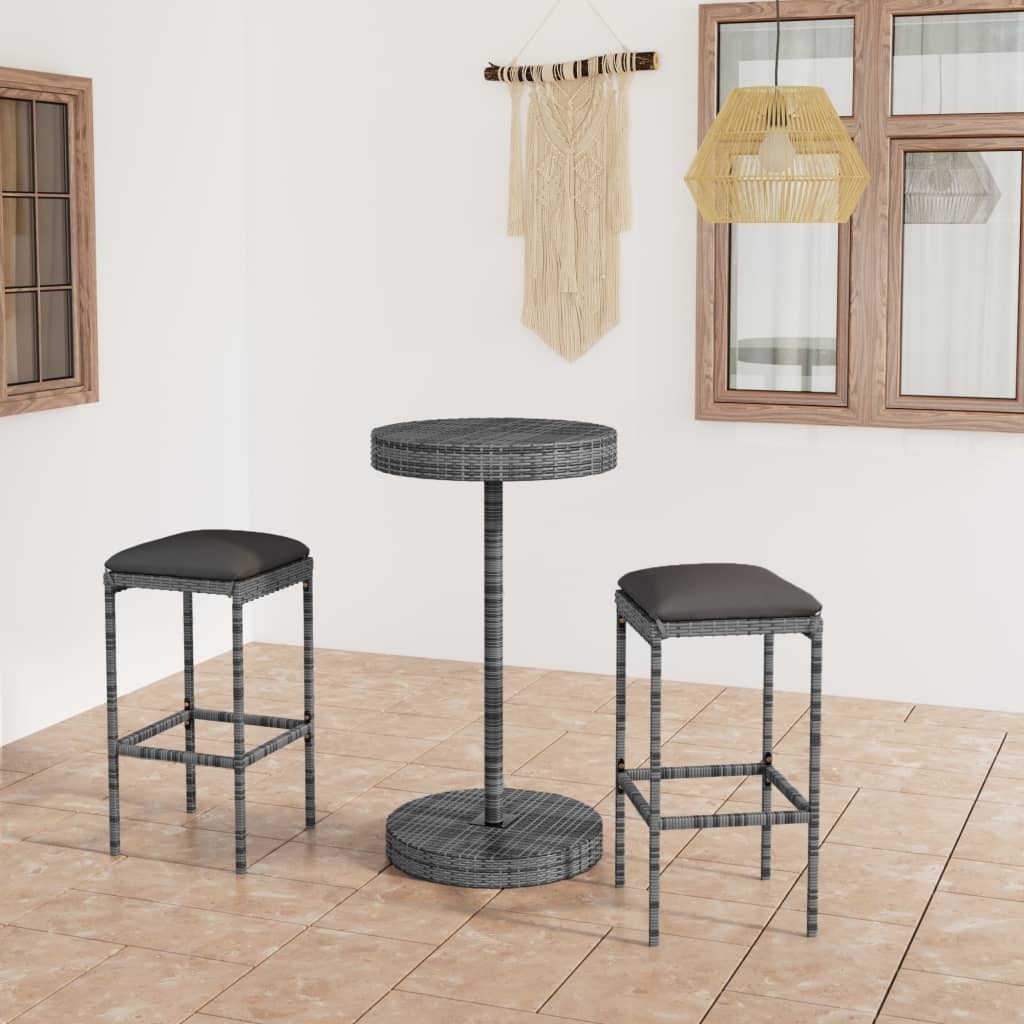 VidaXL 3-delige Tuinbarset met kussens poly rattan grijs