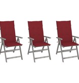 VidaXL Tuinstoelen 3 st verstelbaar met kussens massief acaciahout
