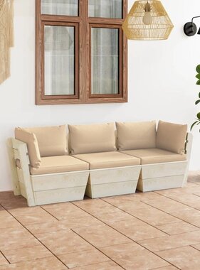 VidaXL Tuinbank 3-zits met kussens pallet vurenhout