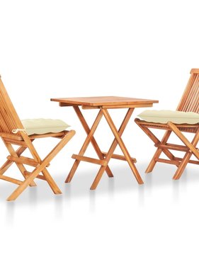 VidaXL 3-delige Bistroset met crèmewitte kussens massief teakhout