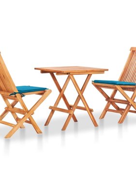 VidaXL 3-delige Bistroset met blauwe kussens massief teakhout
