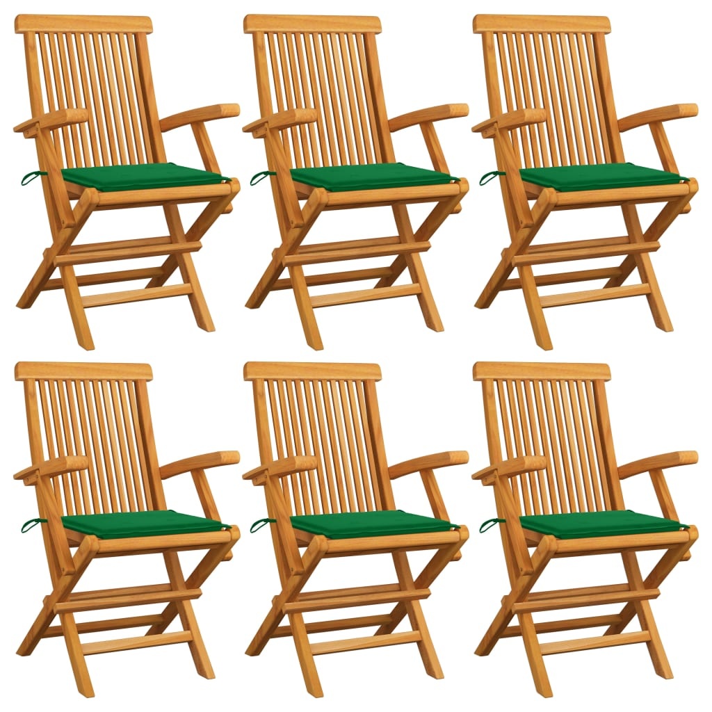 VidaXL Tuinstoelen met groene kussens 6 st massief teakhout