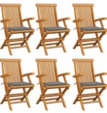 VidaXL Tuinstoelen met grijze kussens 6 st massief teakhout
