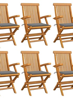 VidaXL Tuinstoelen met grijze kussens 6 st massief teakhout