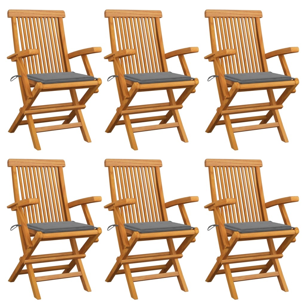 VidaXL Tuinstoelen met grijze kussens 6 st massief teakhout