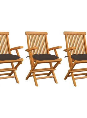 VidaXL Tuinstoelen 3 st met taupekleurige kussens massief teakhout