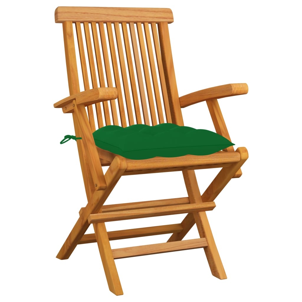 VidaXL Tuinstoelen 3 st met groene kussens massief teakhout