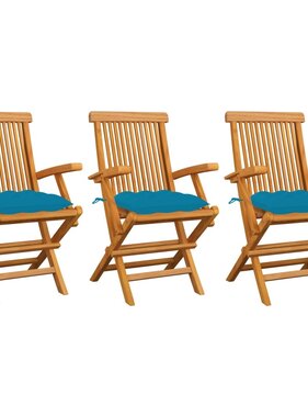 VidaXL Tuinstoelen 3 st met lichtblauwe kussens massief teakhout