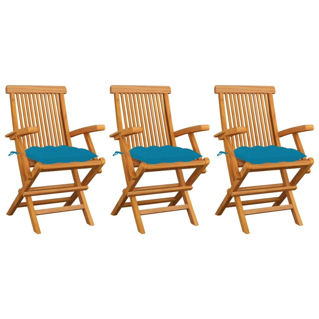 VidaXL Tuinstoelen 3 st met lichtblauwe kussens massief teakhout