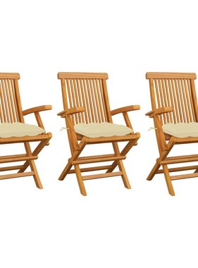 VidaXL Tuinstoelen 3 st met crèmewitte kussens massief teakhout