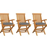VidaXL Tuinstoelen 3 st met grijze kussens massief teakhout