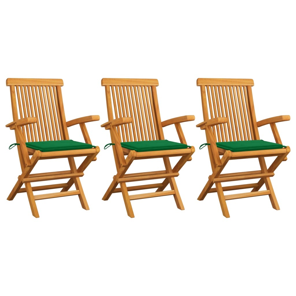 VidaXL Tuinstoelen met groene kussens 3 st massief teakhout