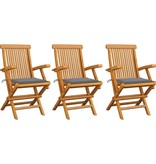 VidaXL Tuinstoelen met grijze kussens 3 st massief teakhout