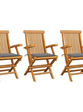 VidaXL Tuinstoelen met grijze kussens 3 st massief teakhout