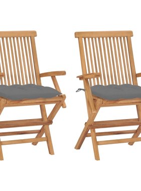 VidaXL Tuinstoelen 2 st met grijze kussens massief teakhout