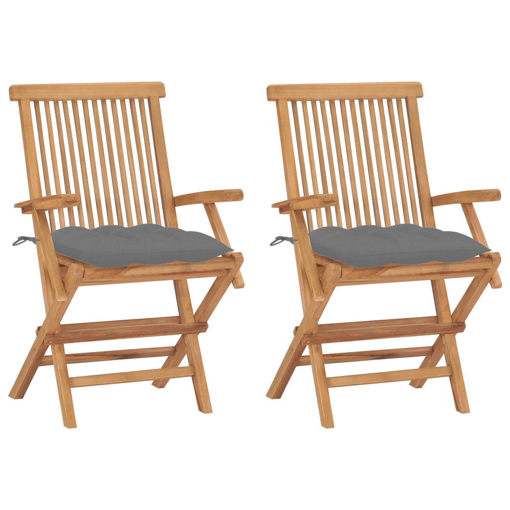 VidaXL Tuinstoelen 2 st met grijze kussens massief teakhout