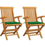 VidaXL Tuinstoelen met groene kussens 2 st massief teakhout